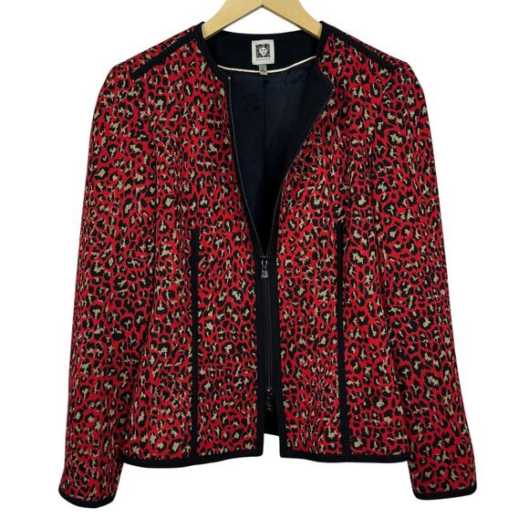 Anne Klein Leopard Print Blazer Jacket Black Red Gold Moto Zipper Size 6 NWT - Picture 1 of 7